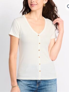 Market & Spruce White Short-Sleeve V-Neck Button Front Top